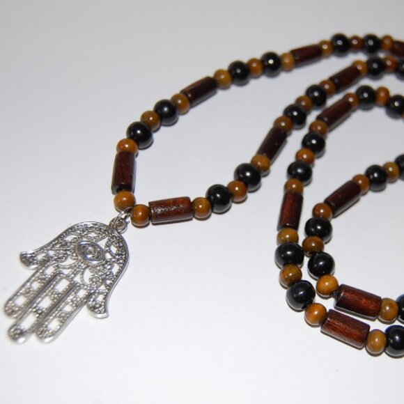 Hamsa Hand Necklace,Wood Necklace,Hand of Fatima Necklace,Hamsa Necklace - Picture 1 of 3